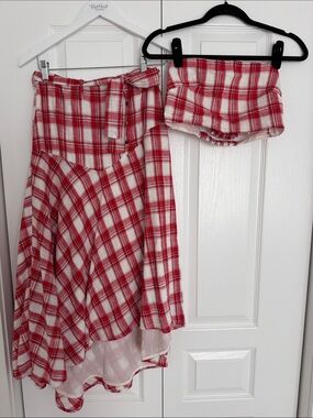Free People Red and White Plaid High-Low Skirt with Waist Tie and bandeau top